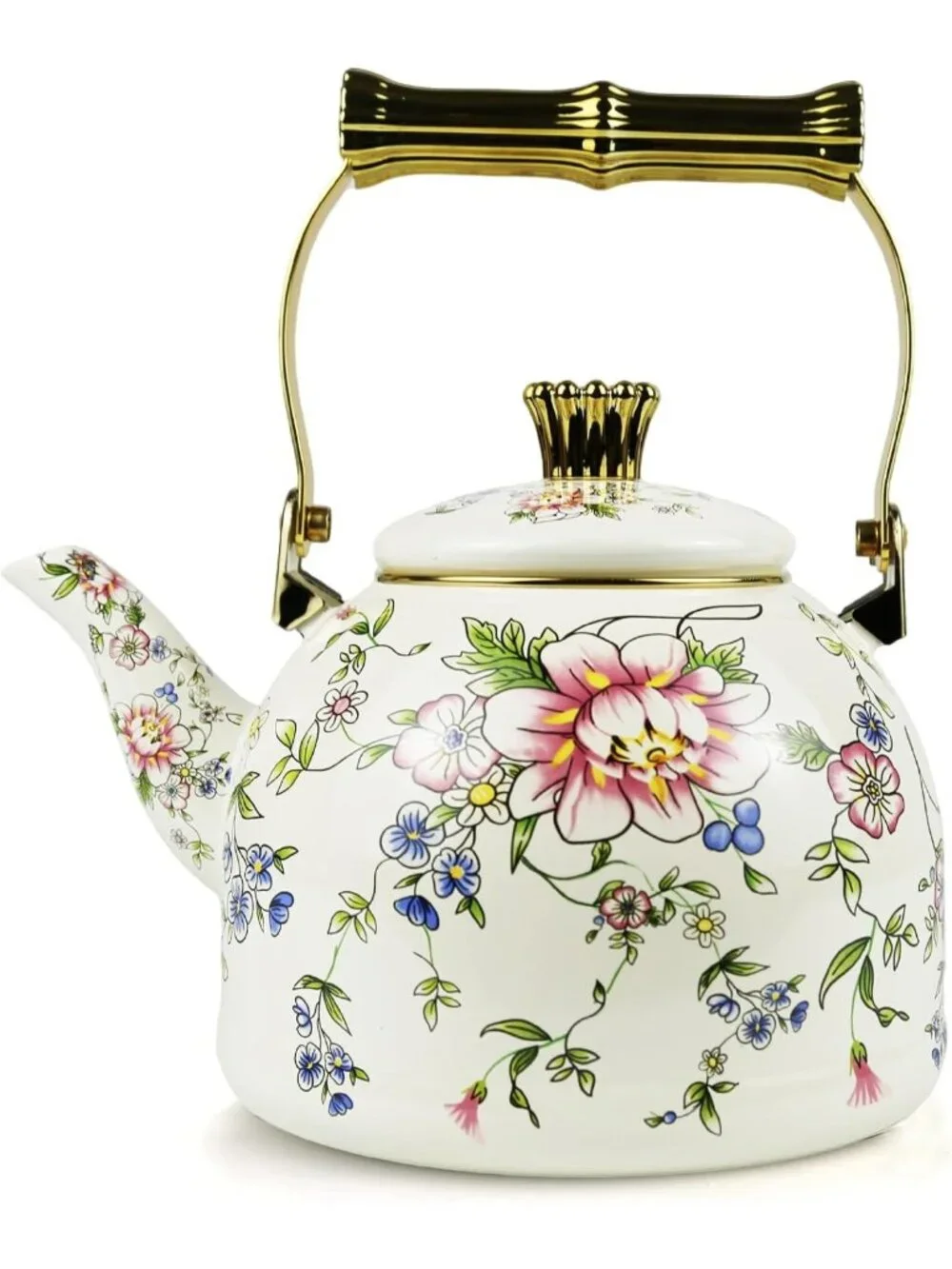 Vintage Floral Enamel Tea Kettle with Gold Handle, 2.5L Stovetop Teapot, Home